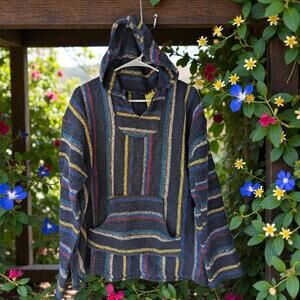 Vintage 90s Franks Textiles Baja Hoodie Handmade Mexican Striped Hippie 420 surf